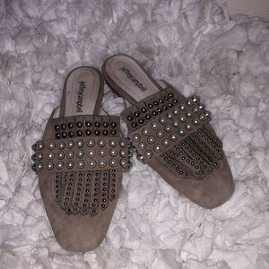 Jeffrey Campbell Ravis mules embellished with studs and pearls tan/taupe color